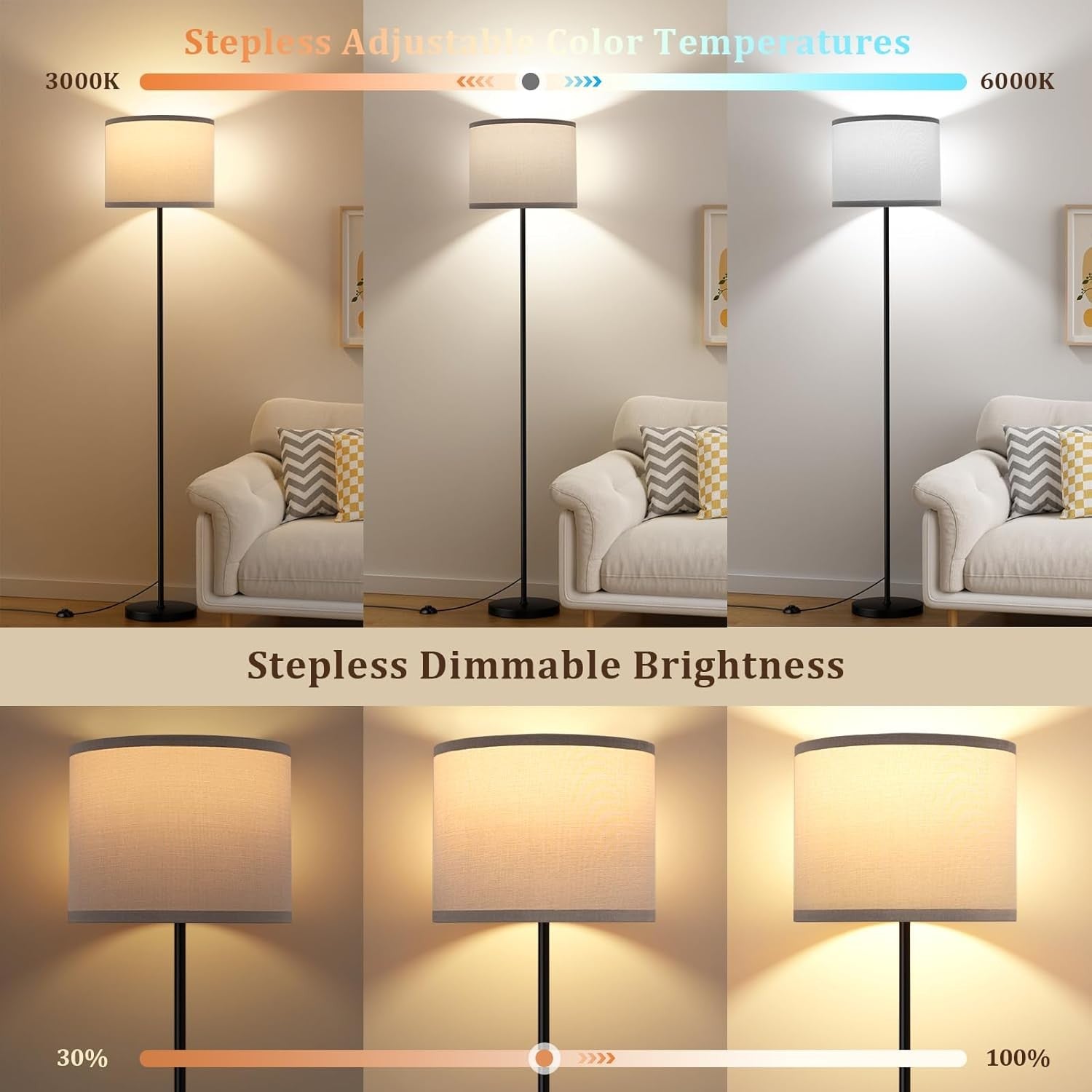 LED Floor Lamp with Remote Dimmable Black Pole Grey Shade Standing Light