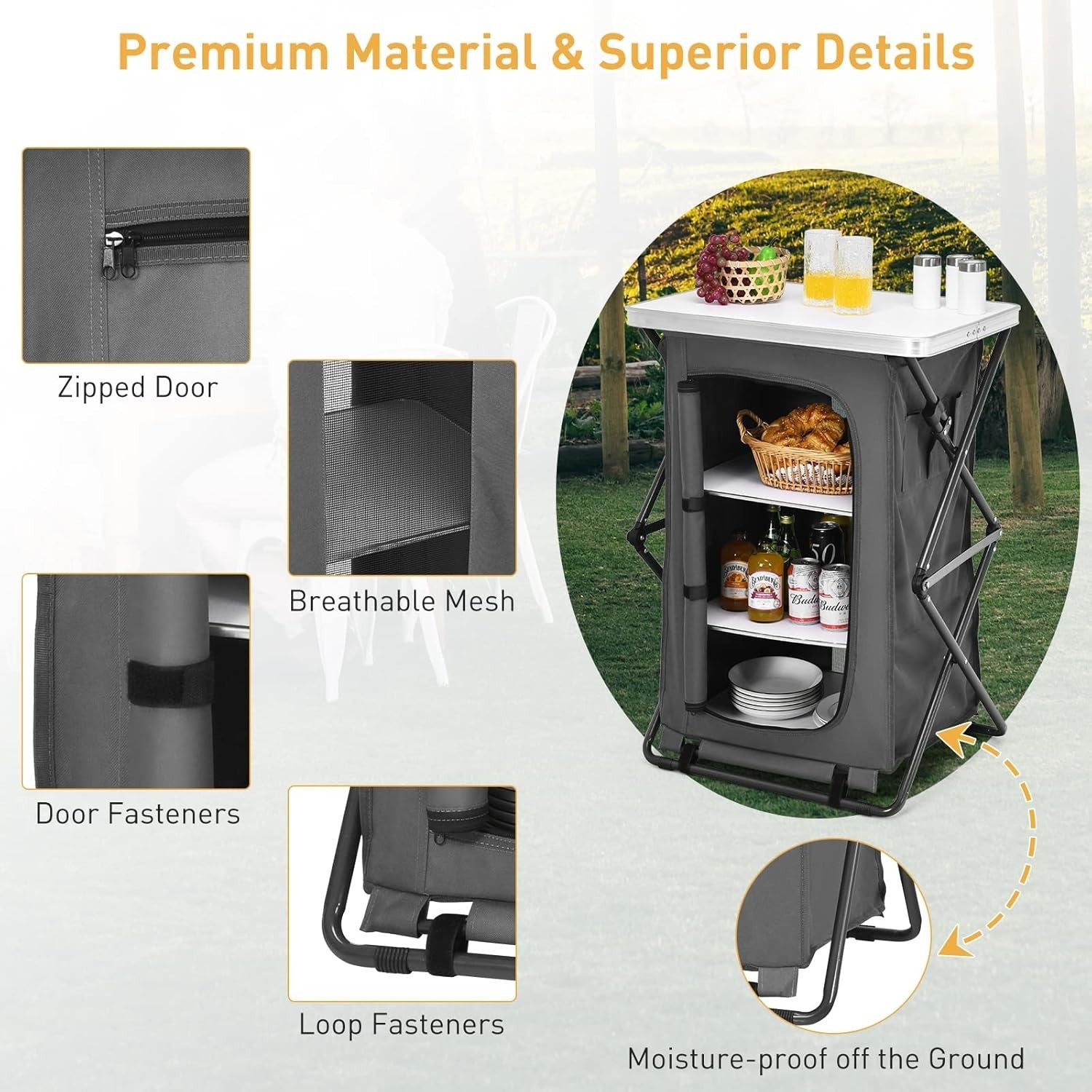 Portable Folding Camping Storage Cabinet with 3 Compartments & Side Pockets