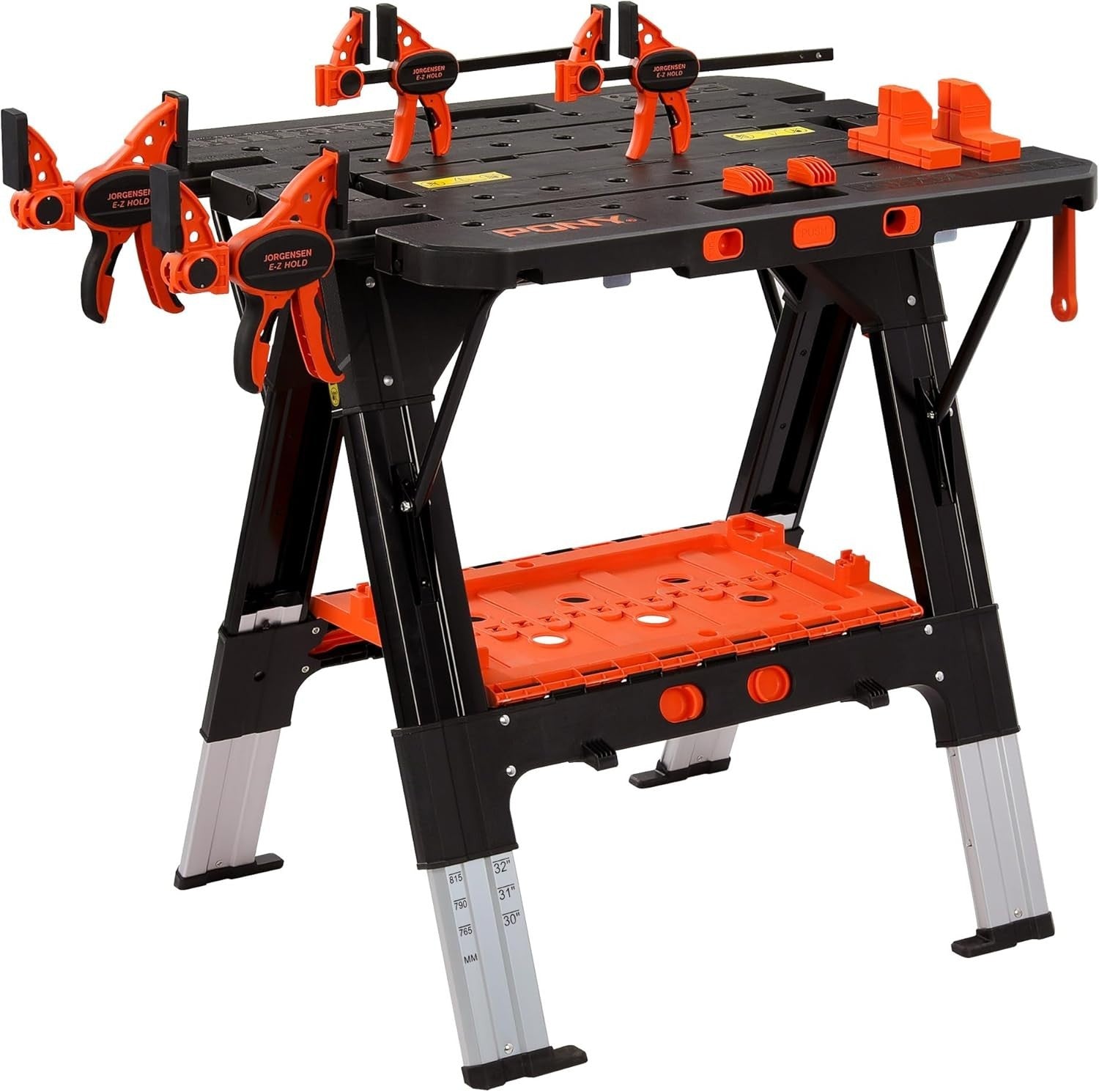 2-in-1 Folding Workbench & Sawhorse 454kg Load 6-Height Table with Clamps