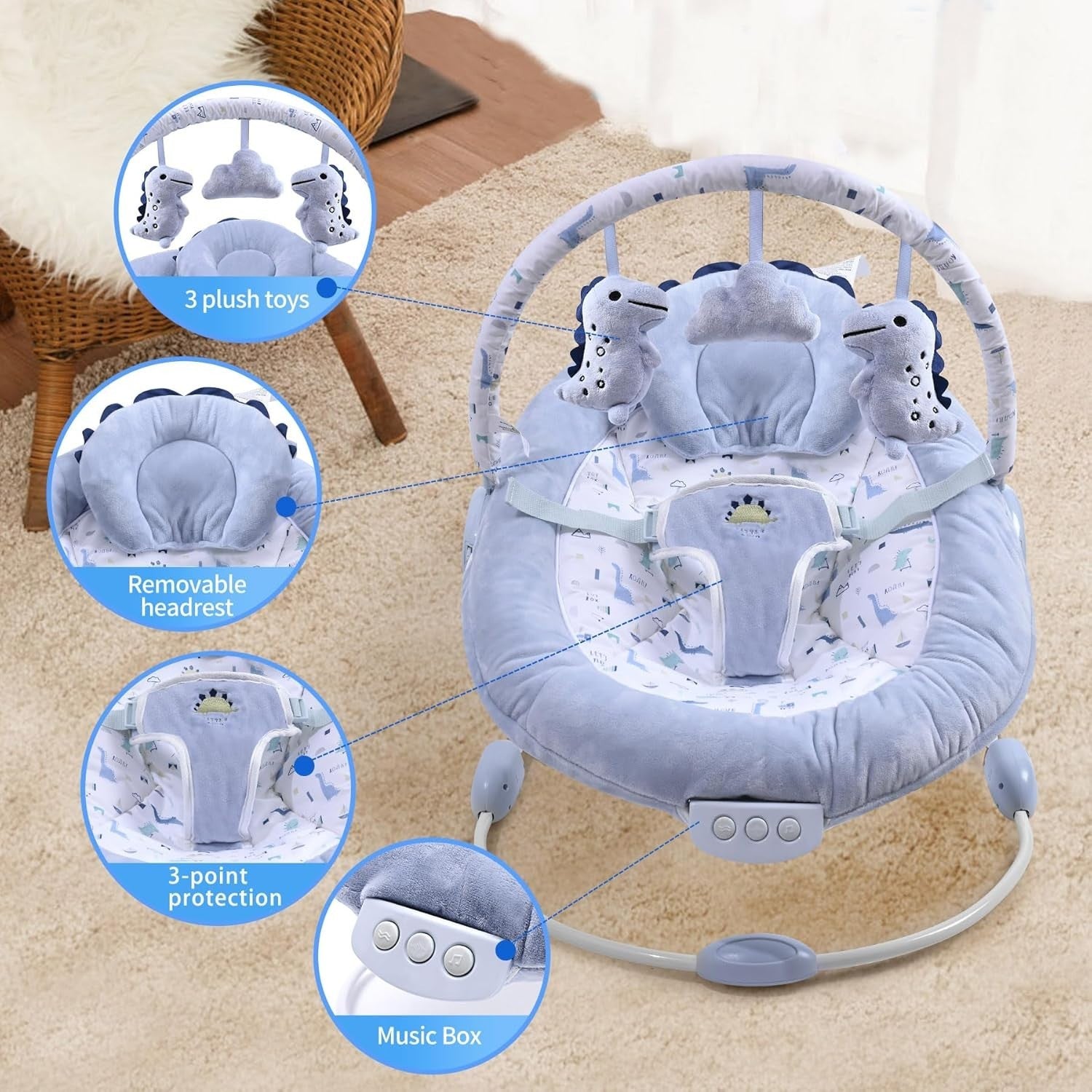 Baby Bouncer with Music Vibrations Toy Bar Soothing Seat Newborn Cradle Blue