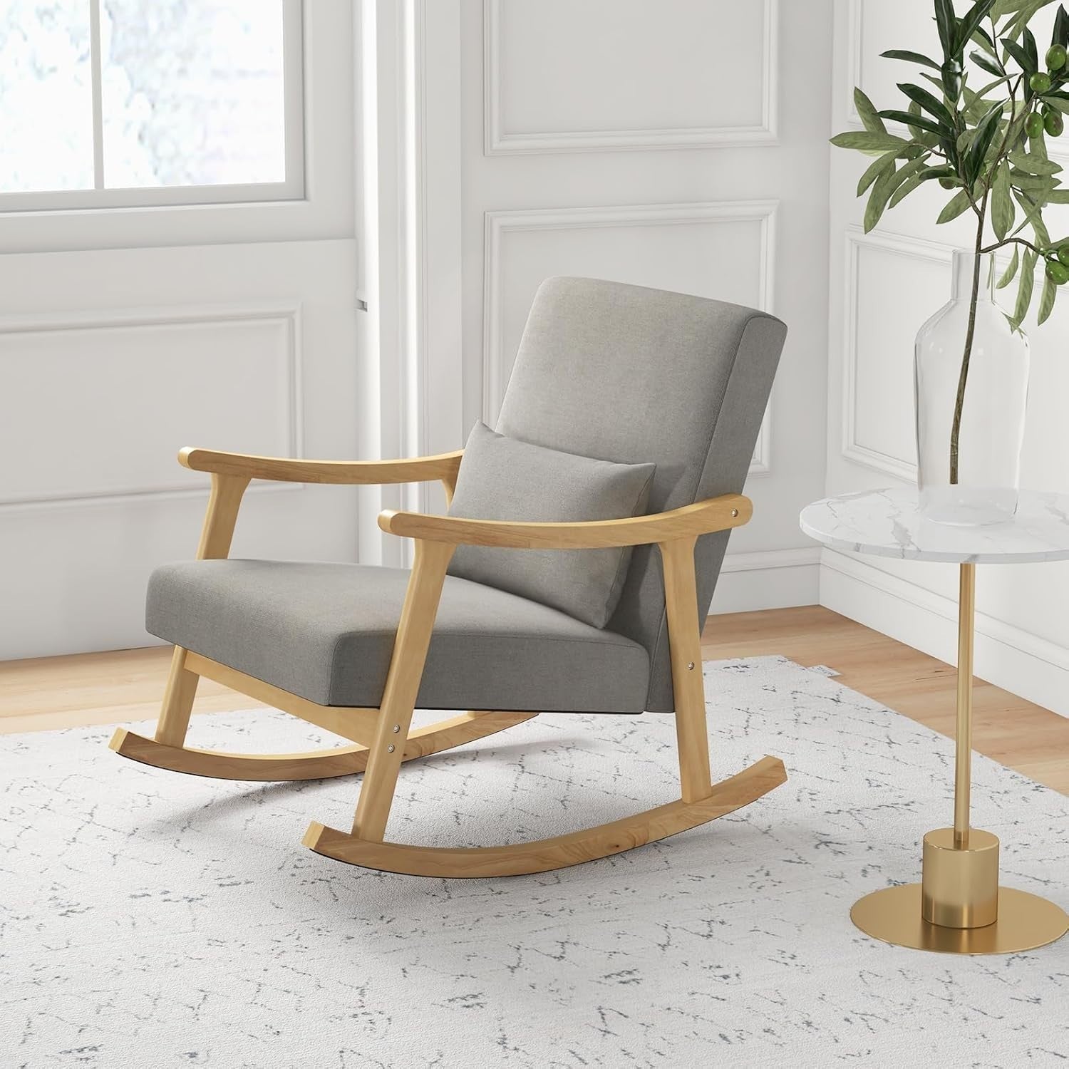 Modern Rocking Chair Wooden Frame Linen Seat, Comfy Lounge Armchair 88x65x82cm