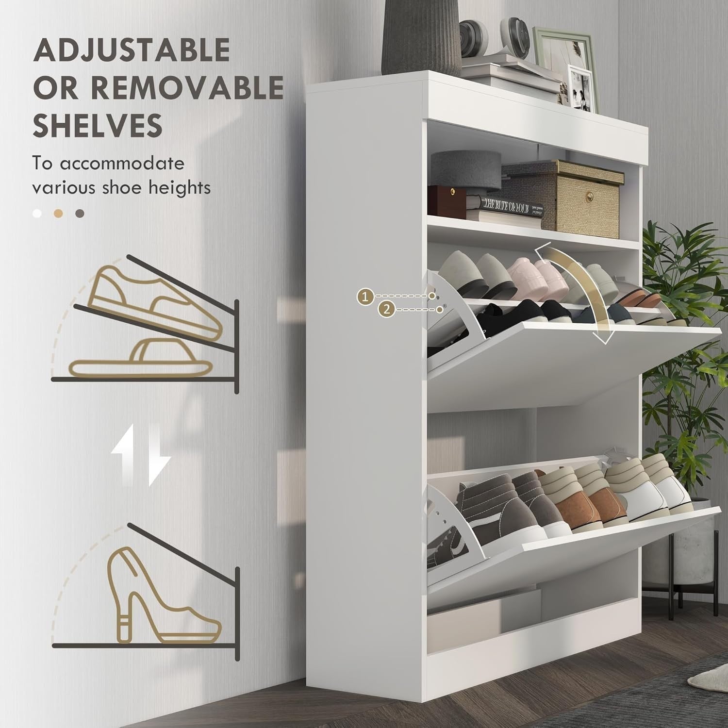 Slim Shoe Cabinet 12-16 Pair Storage with Flip Drawers & Adjustable Shelves