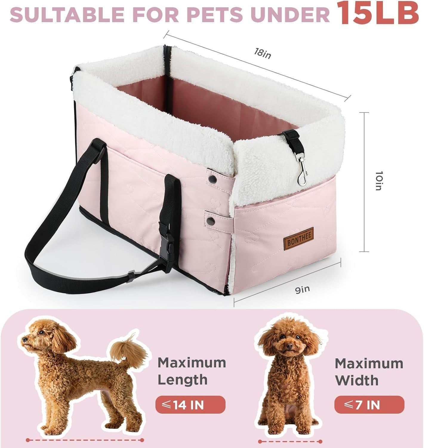 Pink Console Dog Car Seat Small Pet Booster PU Leather Travel Carrier