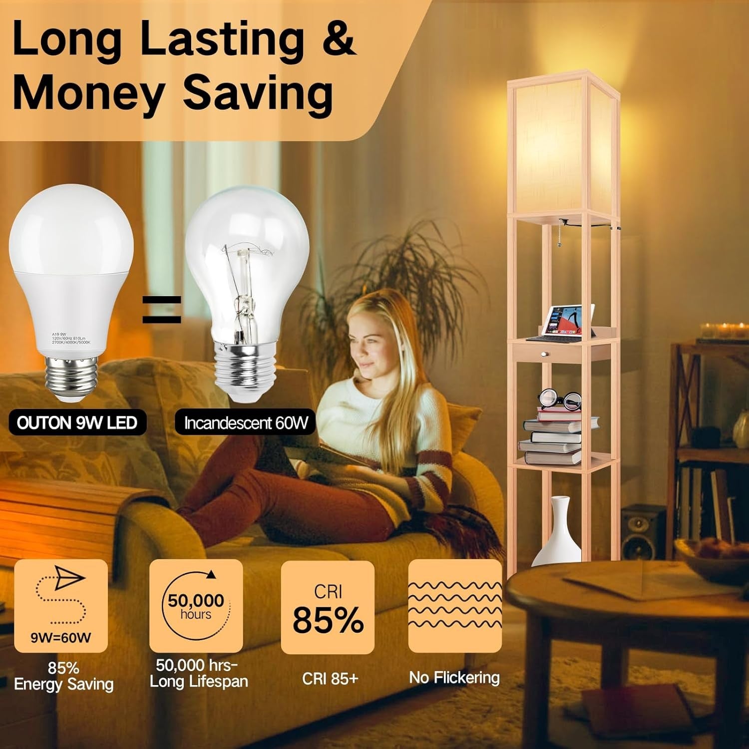 Floor Lamp with Shelves USB Charging Drawer LED Standing Storage Light