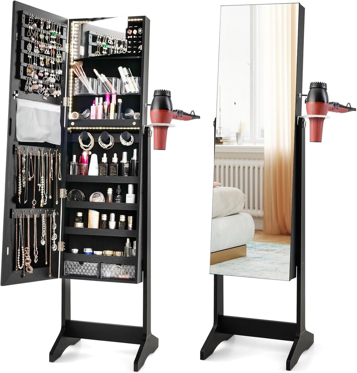 Black LED Jewelry Cabinet Lockable Floor Standing Mirror Makeup Organizer