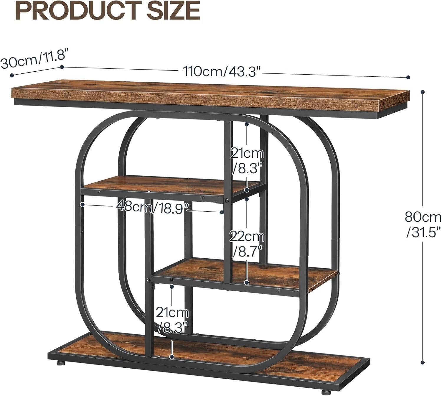 4-Tier Industrial Console Table 110x30x80 cm, Storage, Rustic Brown