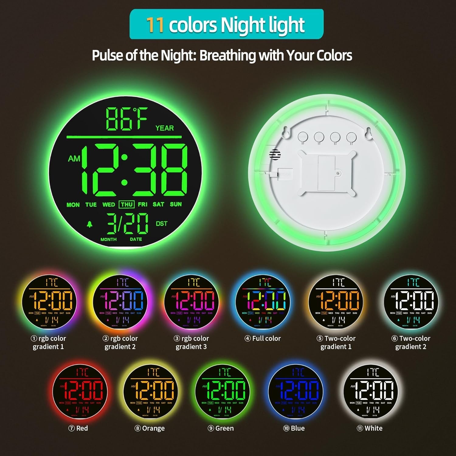 White Green 10in Large Digital Wall Clock RGB LED Remote Auto Bright