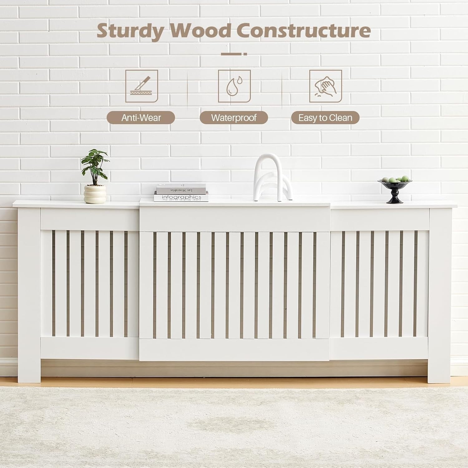 Adjustable White Radiator Cover Extendable Vertical Slat Cabinet
