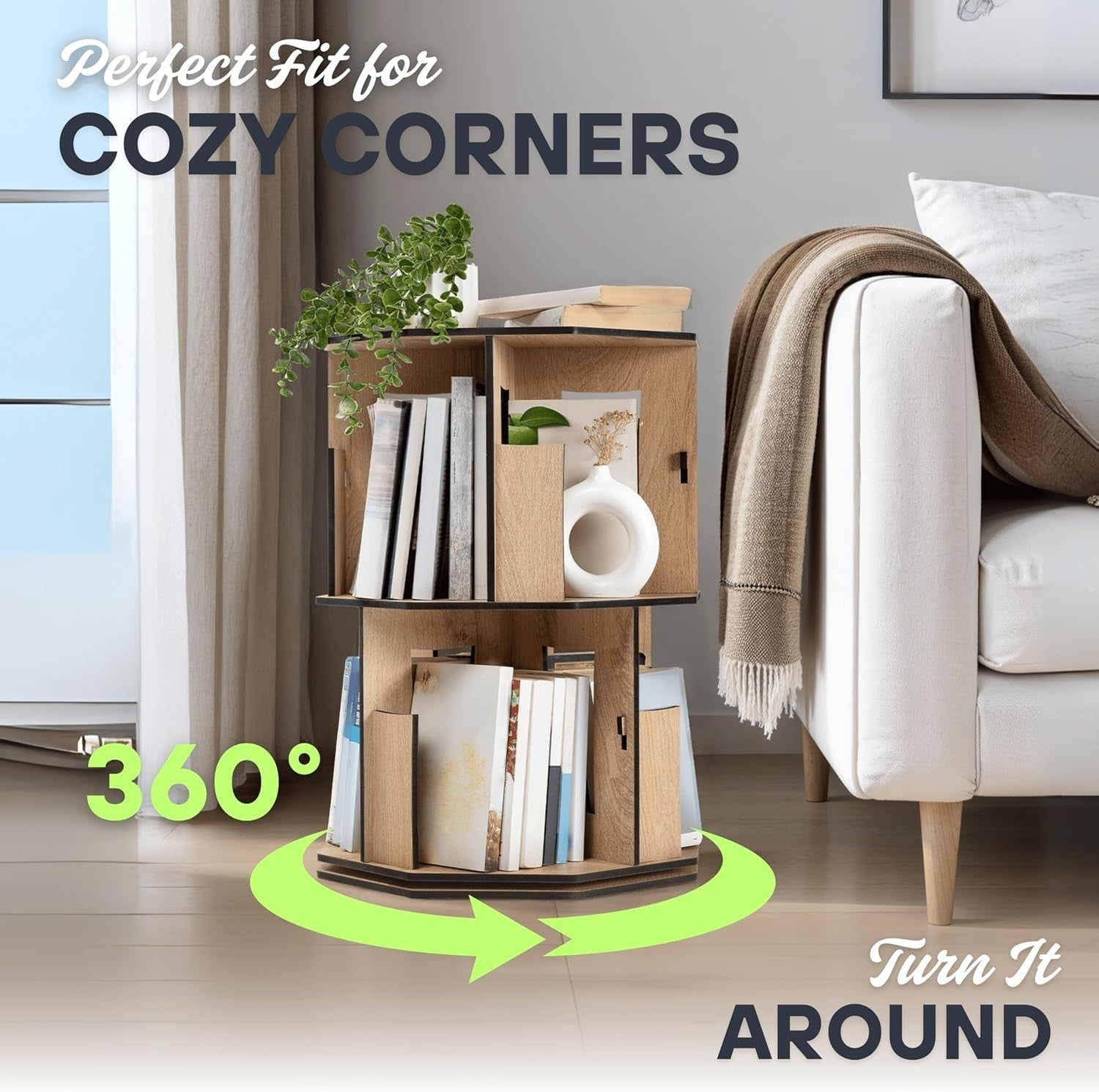 2 Tier Rotating Kids Bookshelf Oak Corner Shelf Space-Saving Storage Organizer