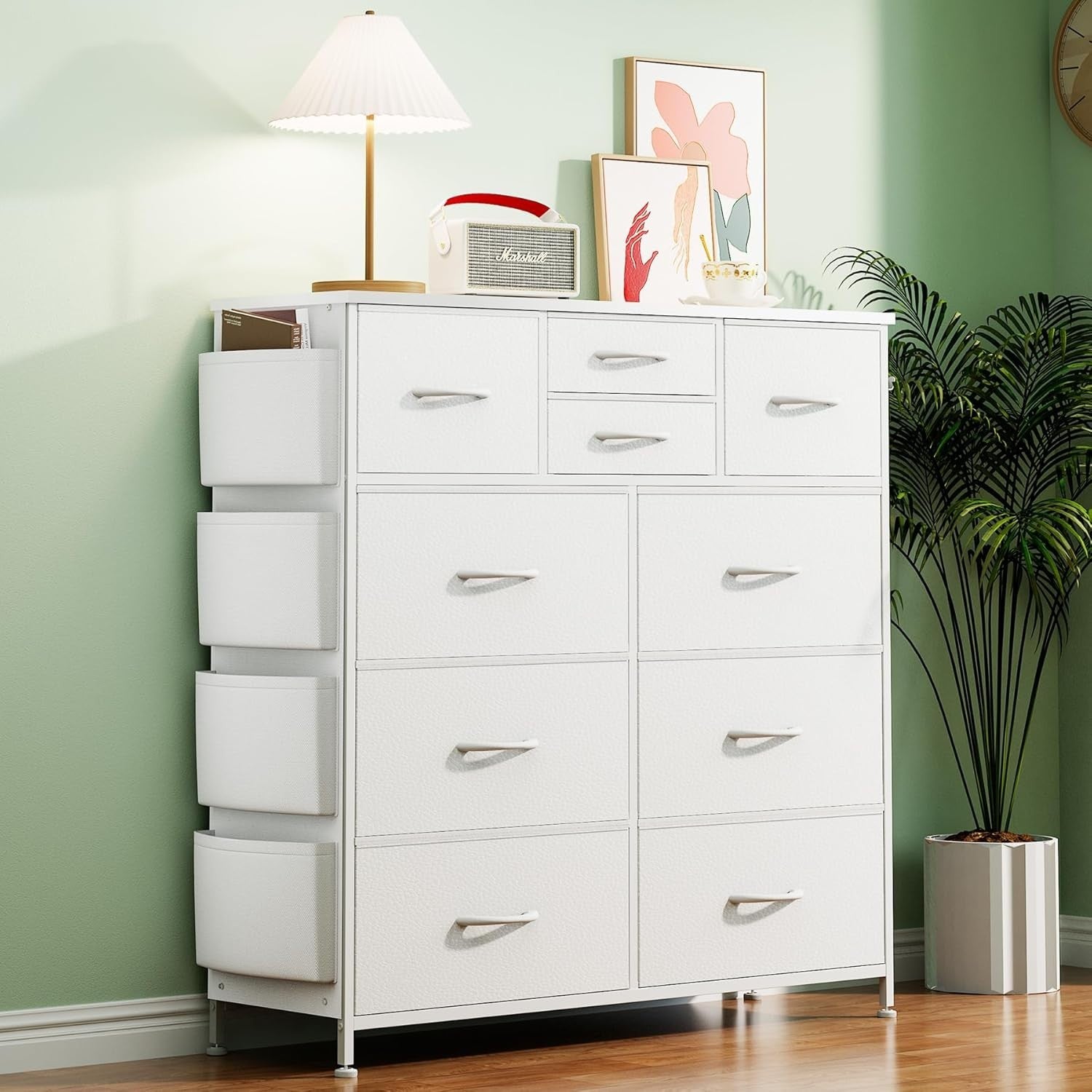 White 10-Drawer Tall Chest Fabric Drawers with Side Hooks & Storage Pockets
