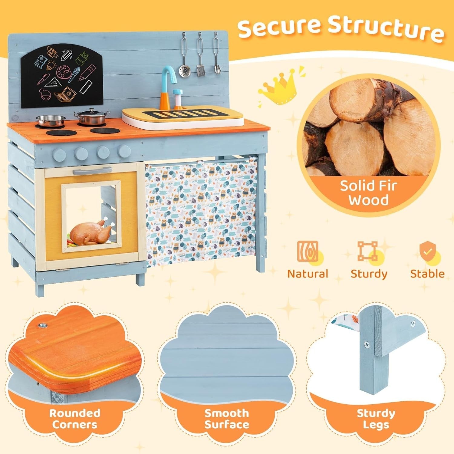 Outdoor Mud Kitchen Wooden Kids Playset Sink Chalkboard Toy Set
