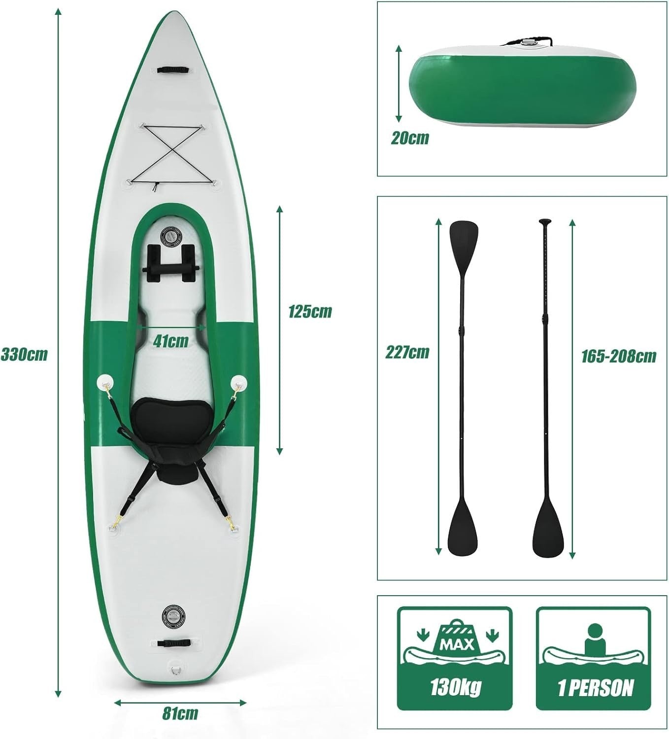 10.8FT Inflatable Kayak 1 Person Canoe w/ Oar Pump Seat Green