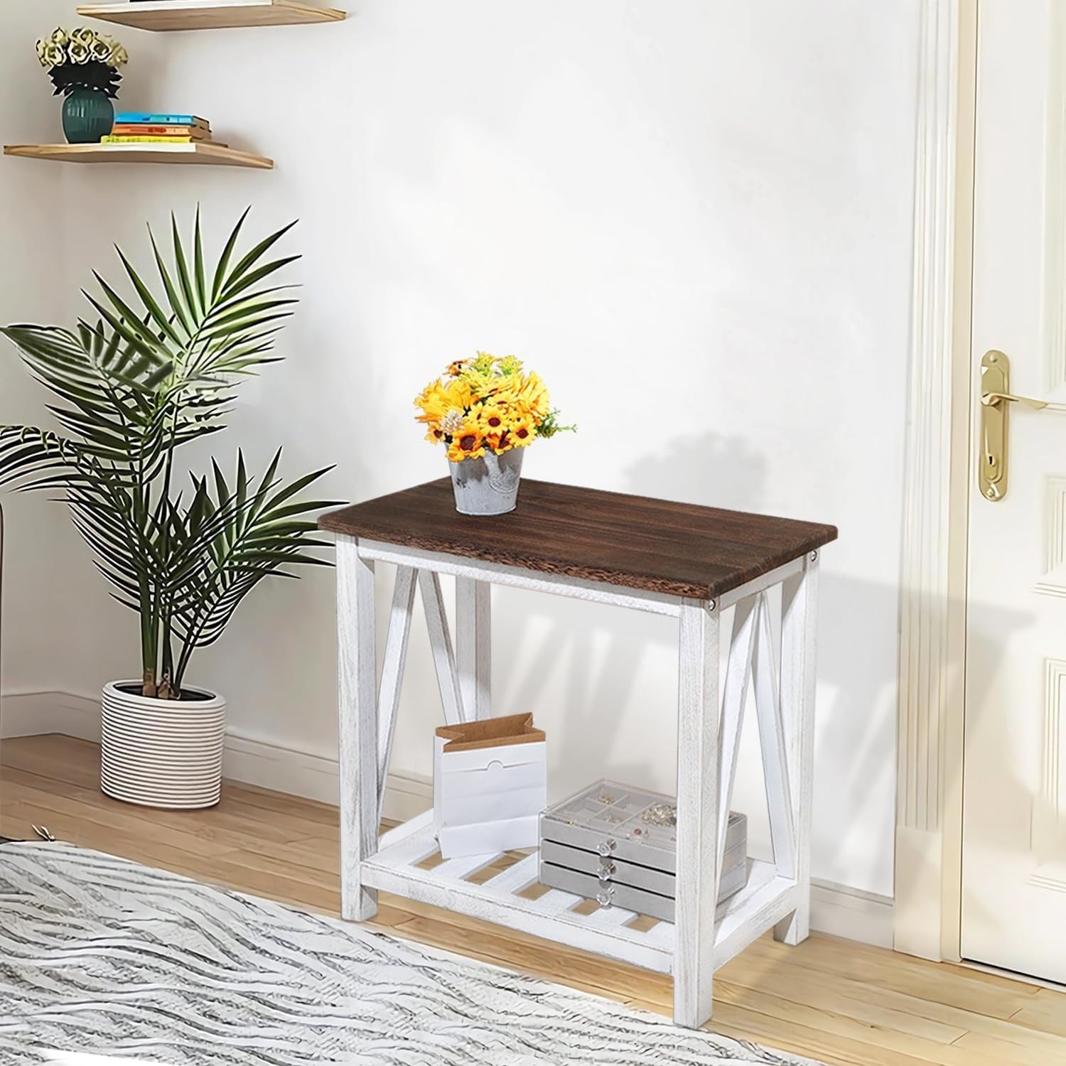 Rustic Brown & White Farmhouse End Table with Storage Shelf, Space-Saving