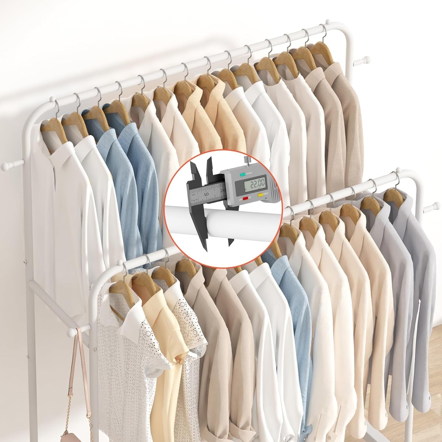 White Double Clothes Rail with Wheels & Hooks 169cm