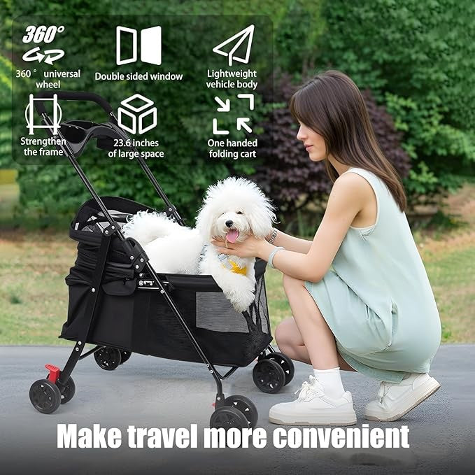 Dog Stroller Foldable Pet Pram 4 Wheel Travel Pushchair with Cup Holder