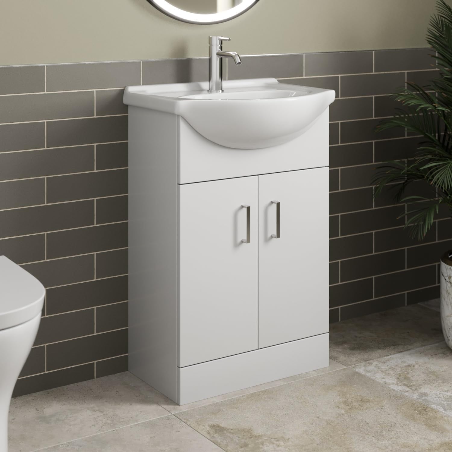 560mm White Gloss Vanity Sink Unit – Freestanding Basin Cabinet Soft Close Doors
