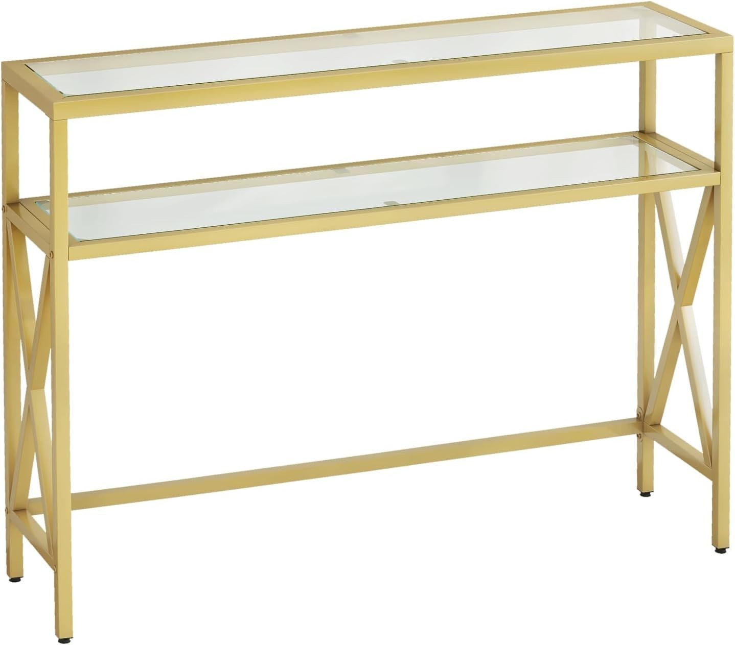 Tempered Glass Console Table with Adjustable Feet & Metal Frame, Gold