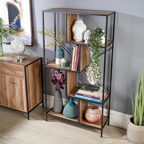 Large Open Shelving Display Unit Weathered Oak Effect Storage Rack Metal Frame