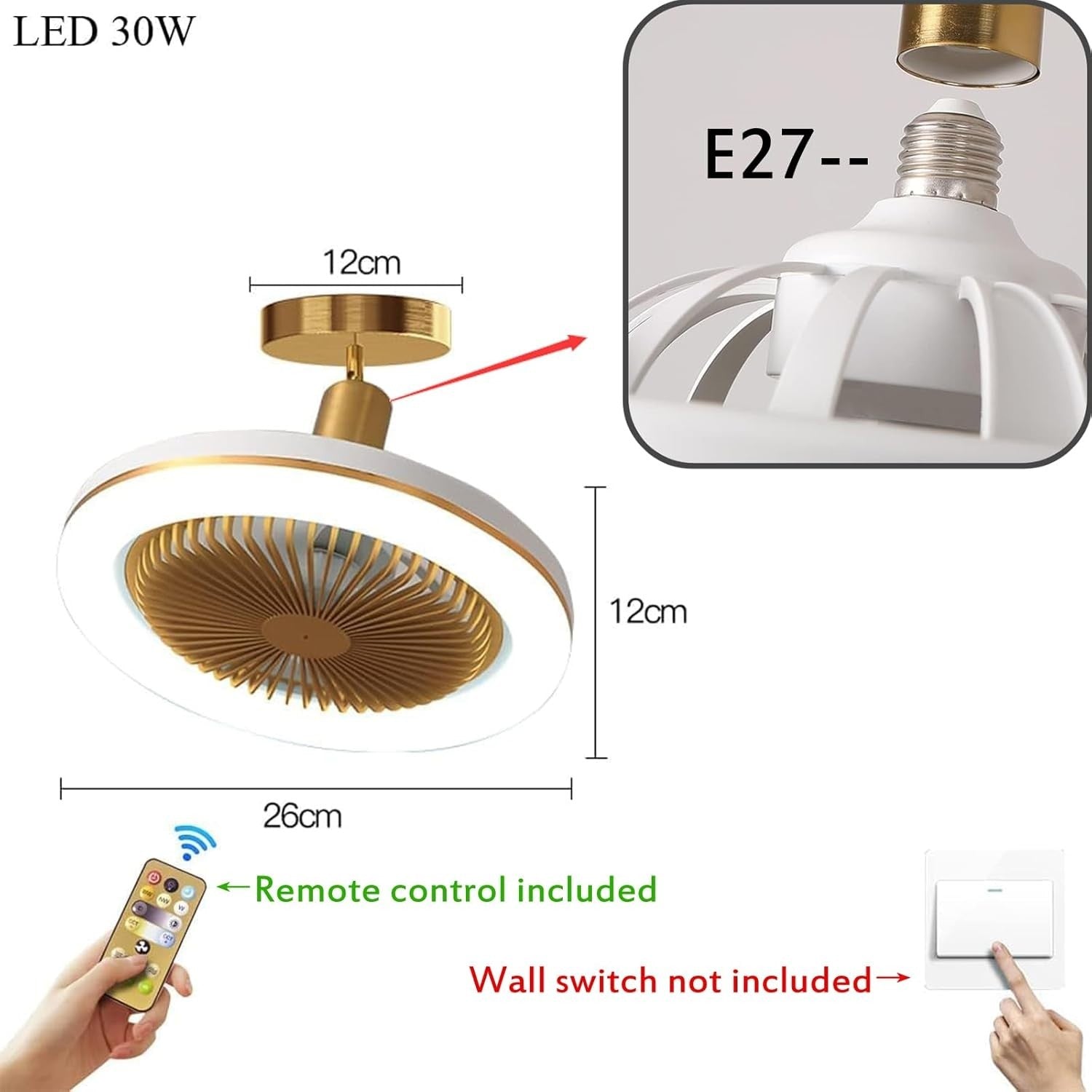 WRMING Quiet Ceiling Fan with Light 30W, Gold, Dimmable, Remote, 3 Speeds