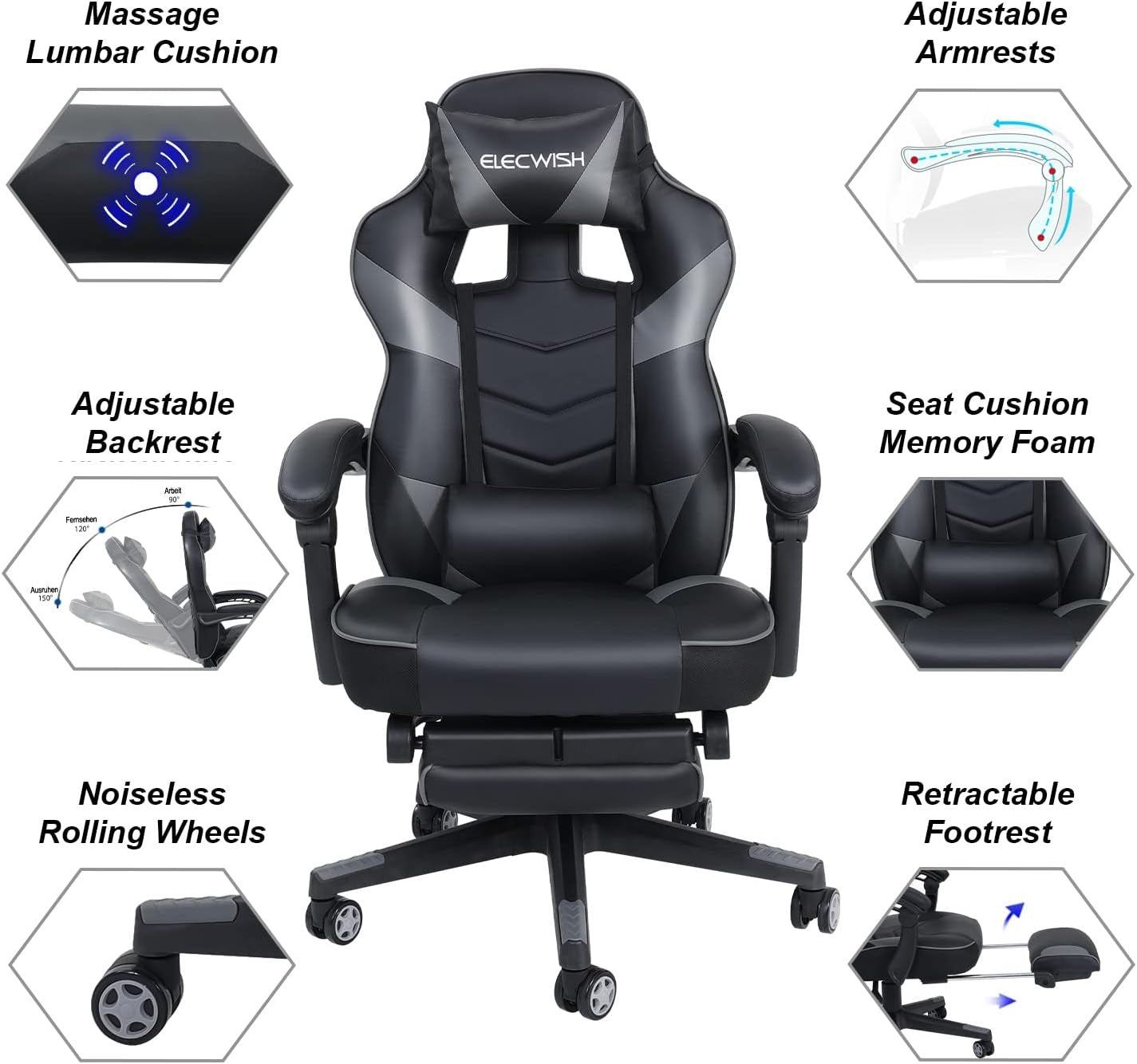 Gaming Chair with Massage & Footrest Reclining Ergonomic Grey