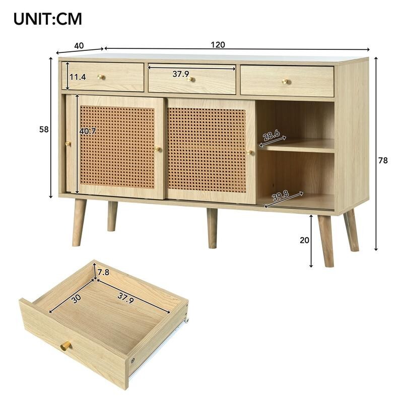 Rattan Sideboard Cabinet 3 Drawer Storage Unit 120cm Boho Retro Wood