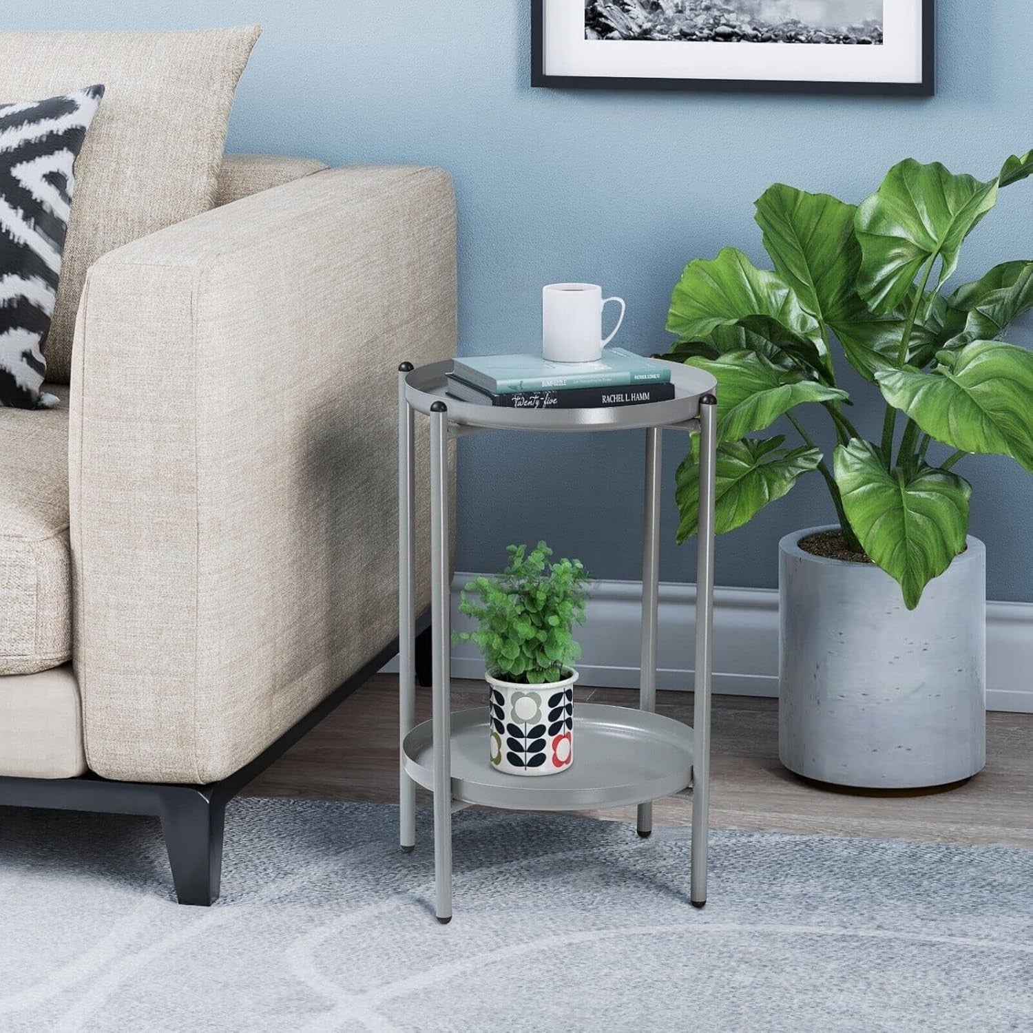 2-Tier Round Metal Side Table 50cm High – Sturdy Shelf, Multi-Room Use Grey