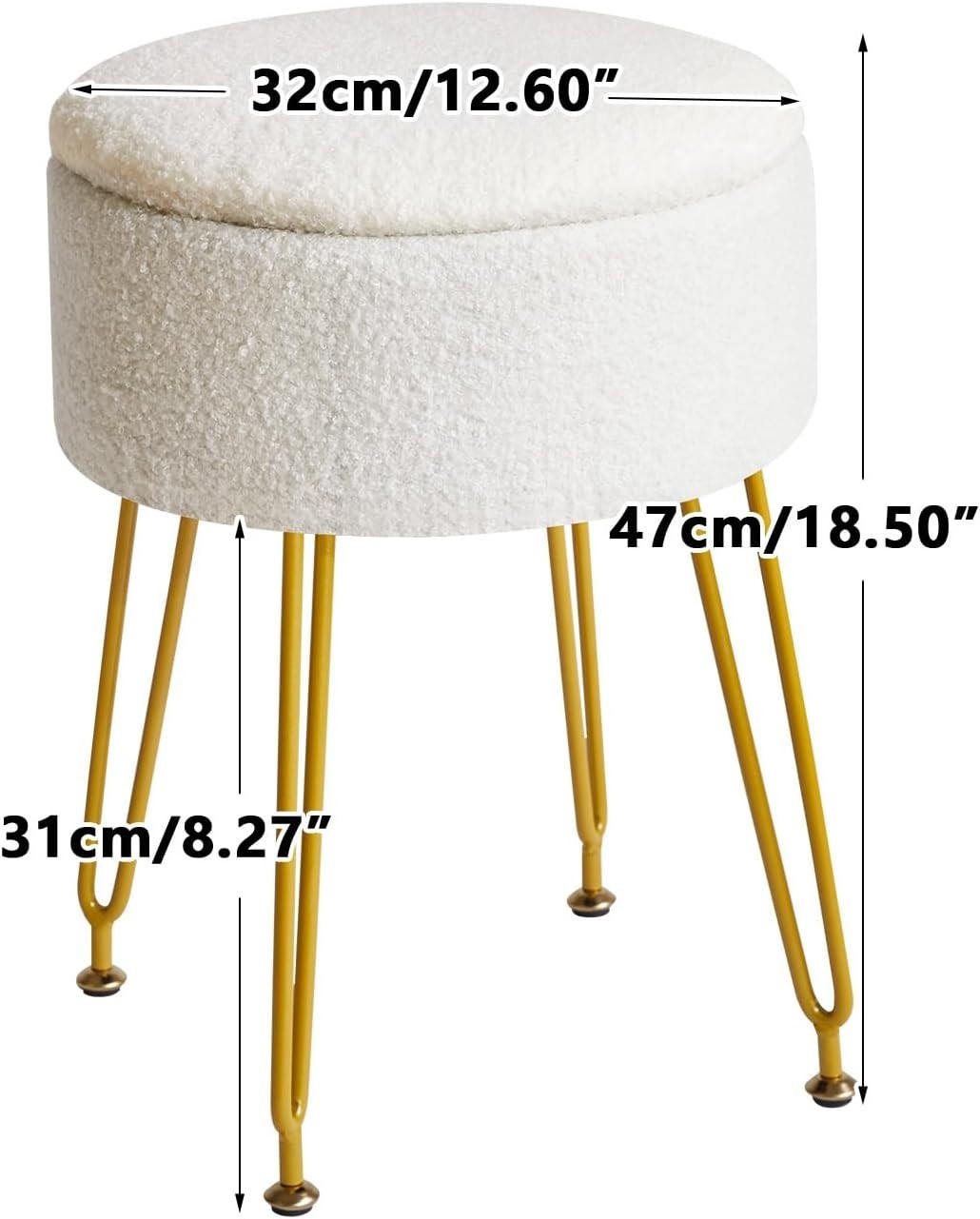White Teddy Velvet Storage Footrest Stool – Vanity Seat w/ Golden Steel Legs