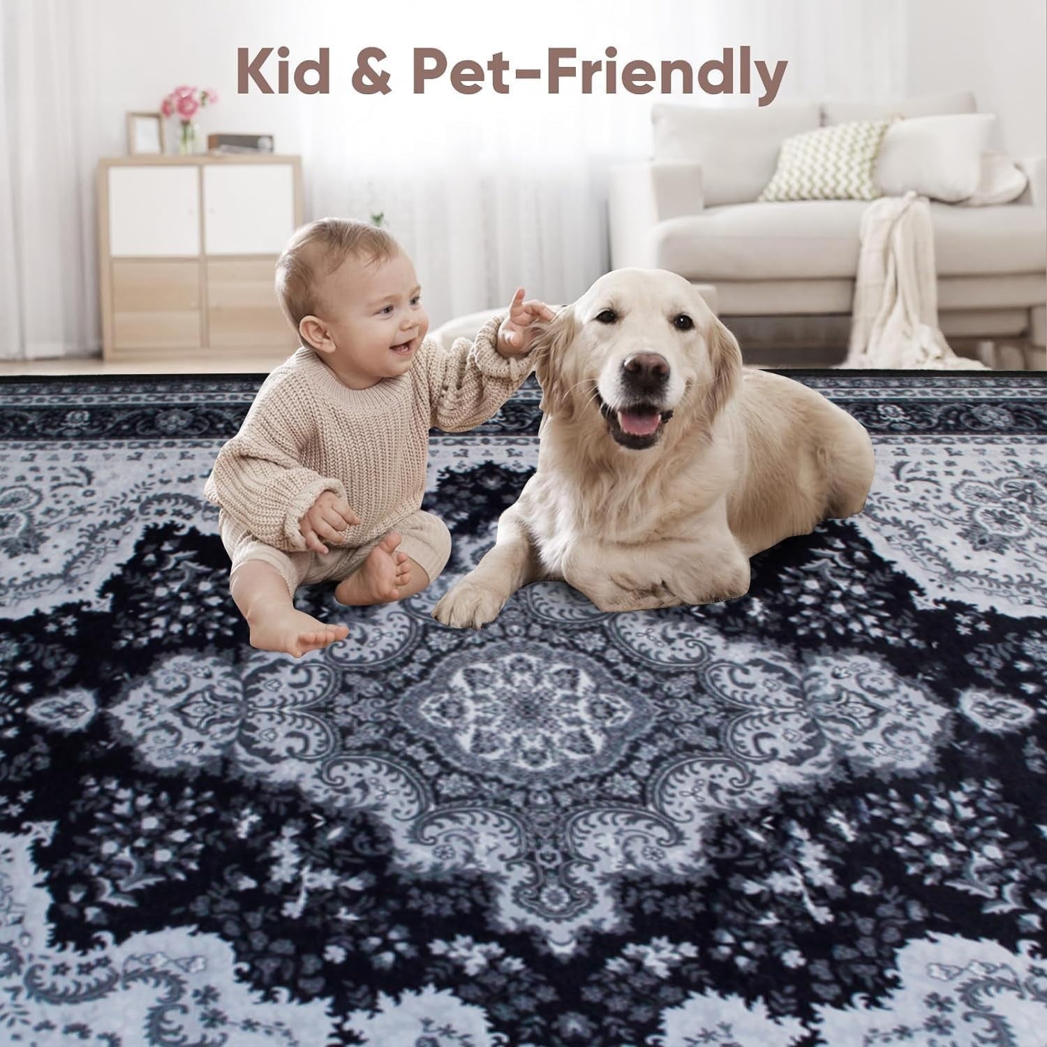 Large Grey Vintage Distressed Oriental Rug 200x290cm Washable Low Pile