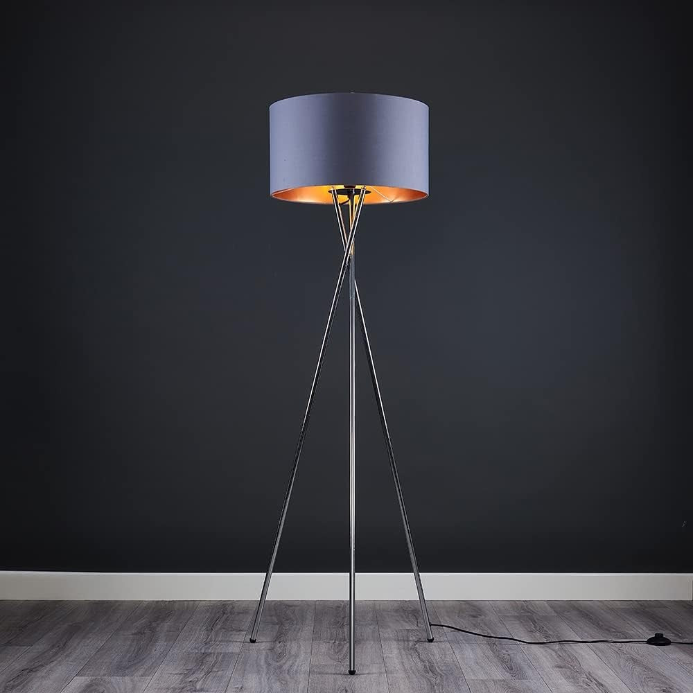 Chrome Tripod Floor Lamp Grey Copper Shade Modern Standing Light Living Room