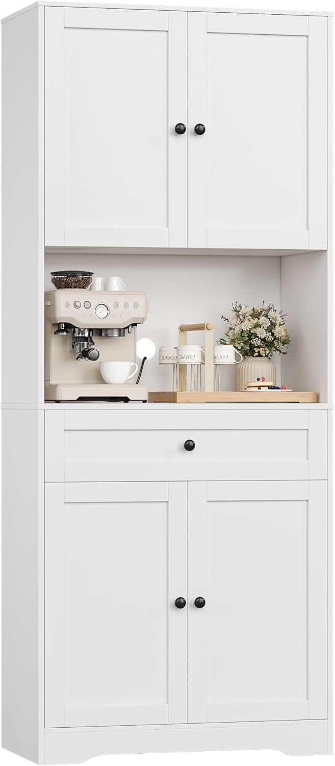 White 180cm Tall Kitchen Cupboard 4-Door Pantry 1-Drawer Countertop