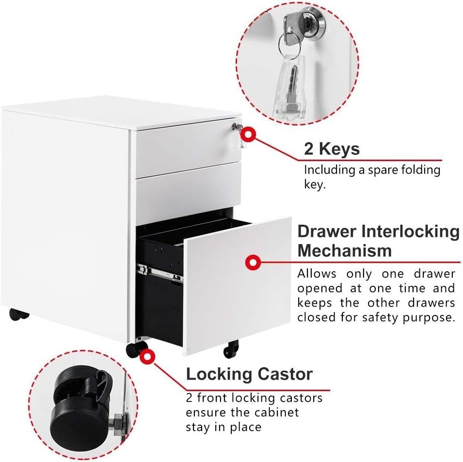 Mobile File Cabinet 3 Drawer Lockable Metal A4 Rolling Office Storage