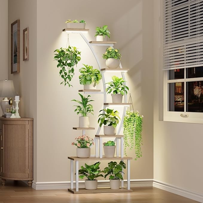 9 Tier Tall Metal Plant Stand with Grow Lights Indoor Flower Display Shelf White