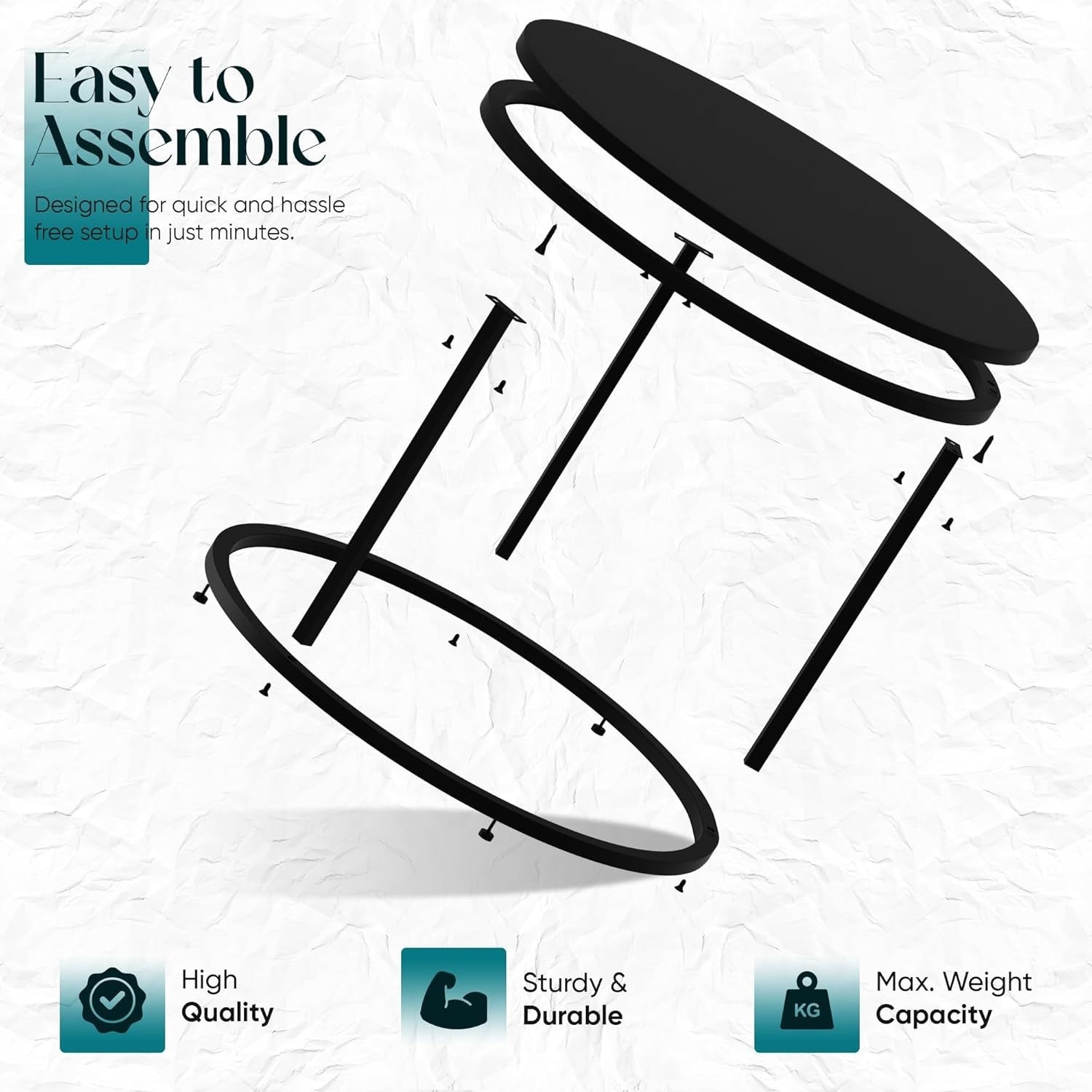 Round Nesting Coffee Tables Set for Living Room, Black Metal & Wood, Stackable