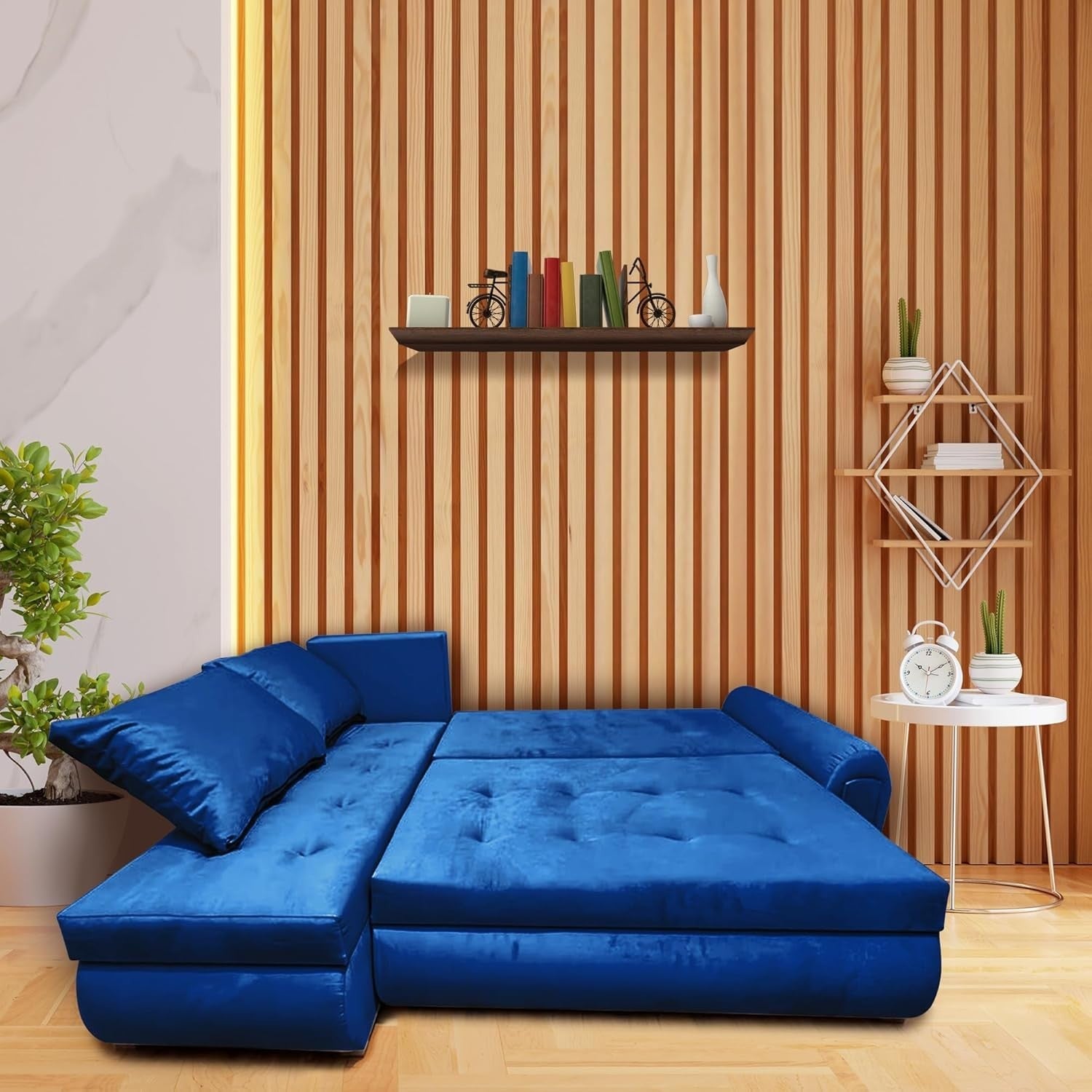 Blue Velvet L-Shape Sofa Bed with Storage & Reversible Chaise – 4 Seater