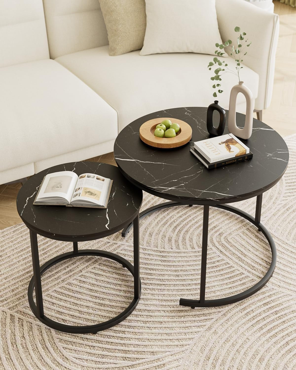 Round Nesting Coffee Tables Set of 2 – Grey Top Black Frame, Space- Black