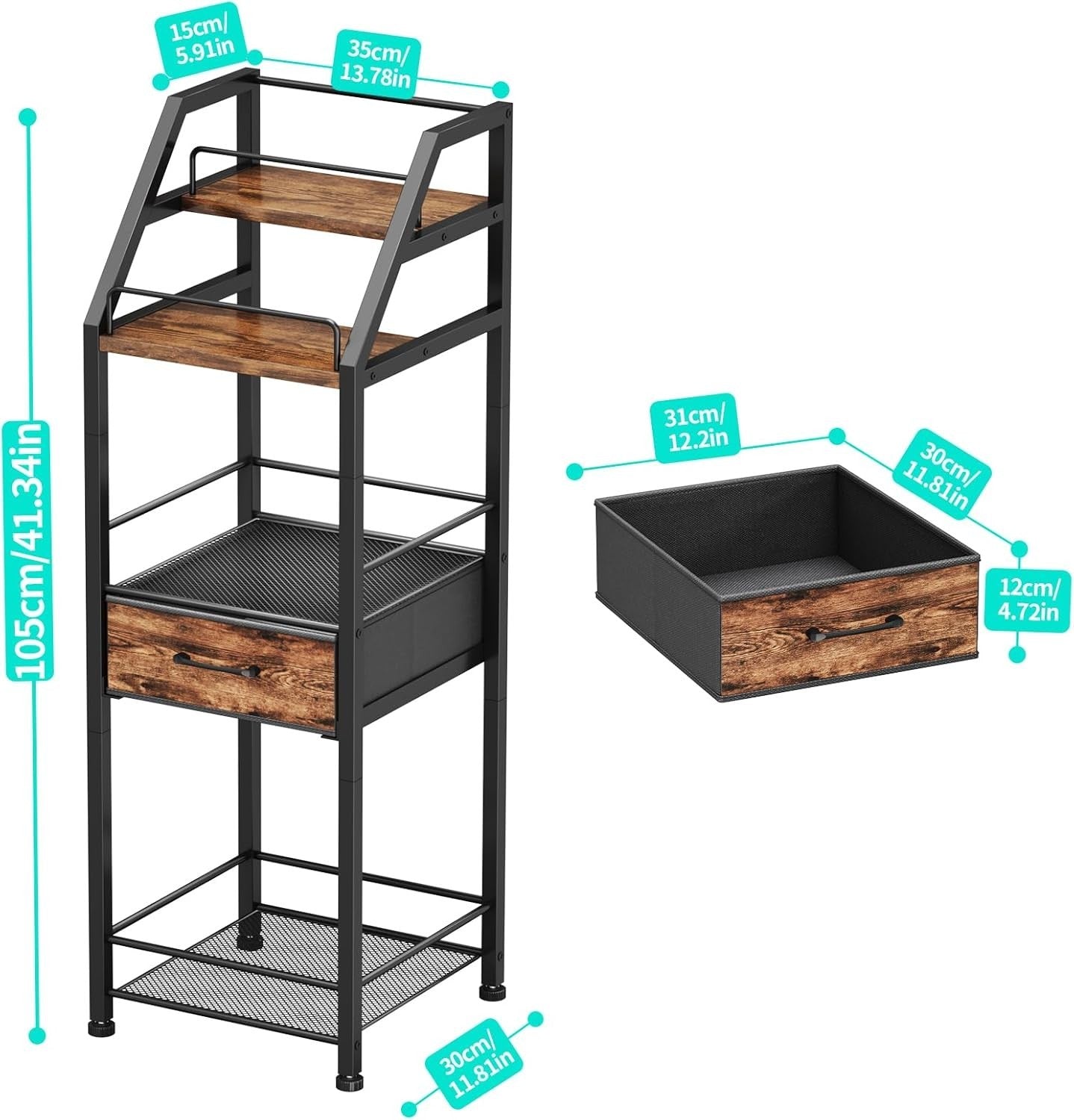 4-Tier Wine Bar Cabinet with Drawer & Glass Holder, Freestanding Liquor Shelf