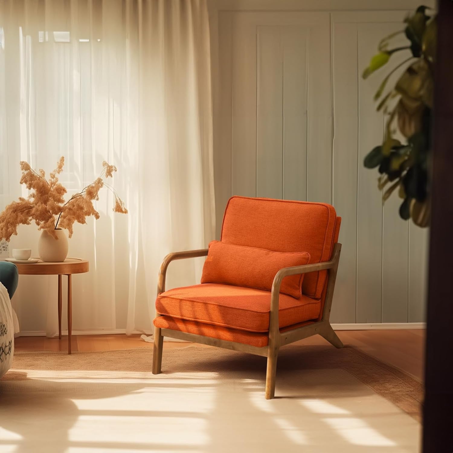 Orange Fabric Accent Armchair Solid Wood Lounge Chair w Cushion