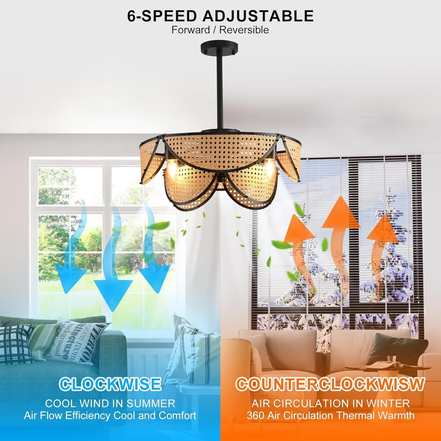 Boho Rattan Ceiling Fan Light 51CM, 6-Speed, Remote, APP, Black