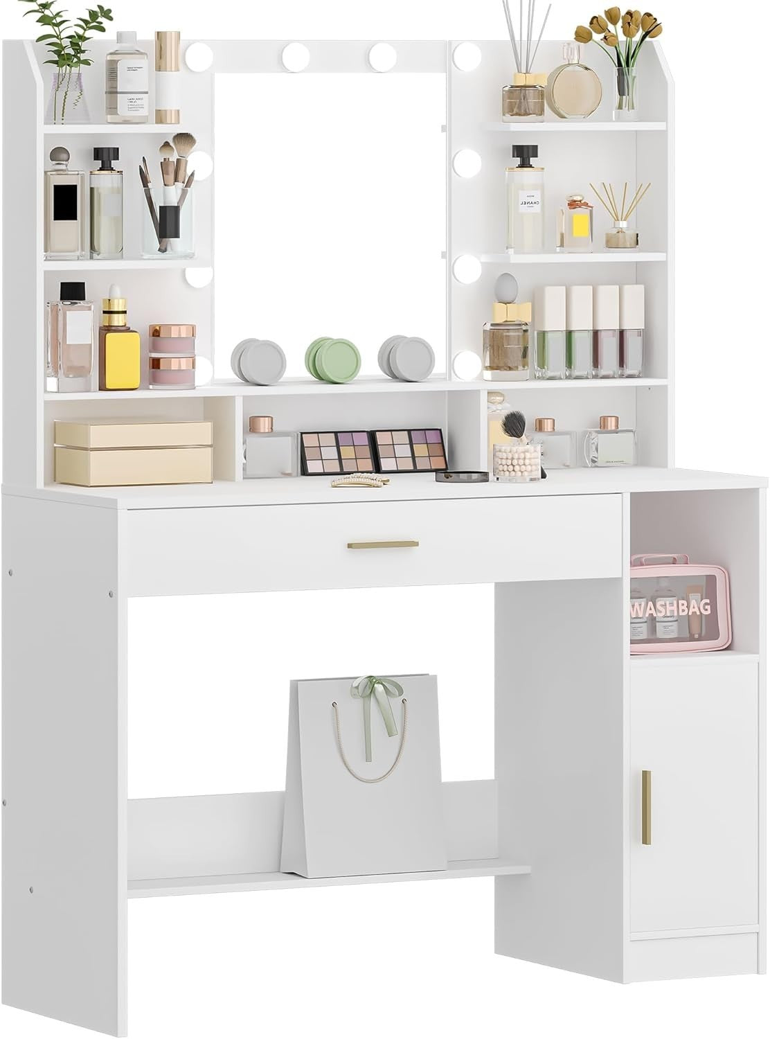 Modern Black Makeup Vanity Desk w/Lighted Mirror 4 Drawers Charging Hub Set