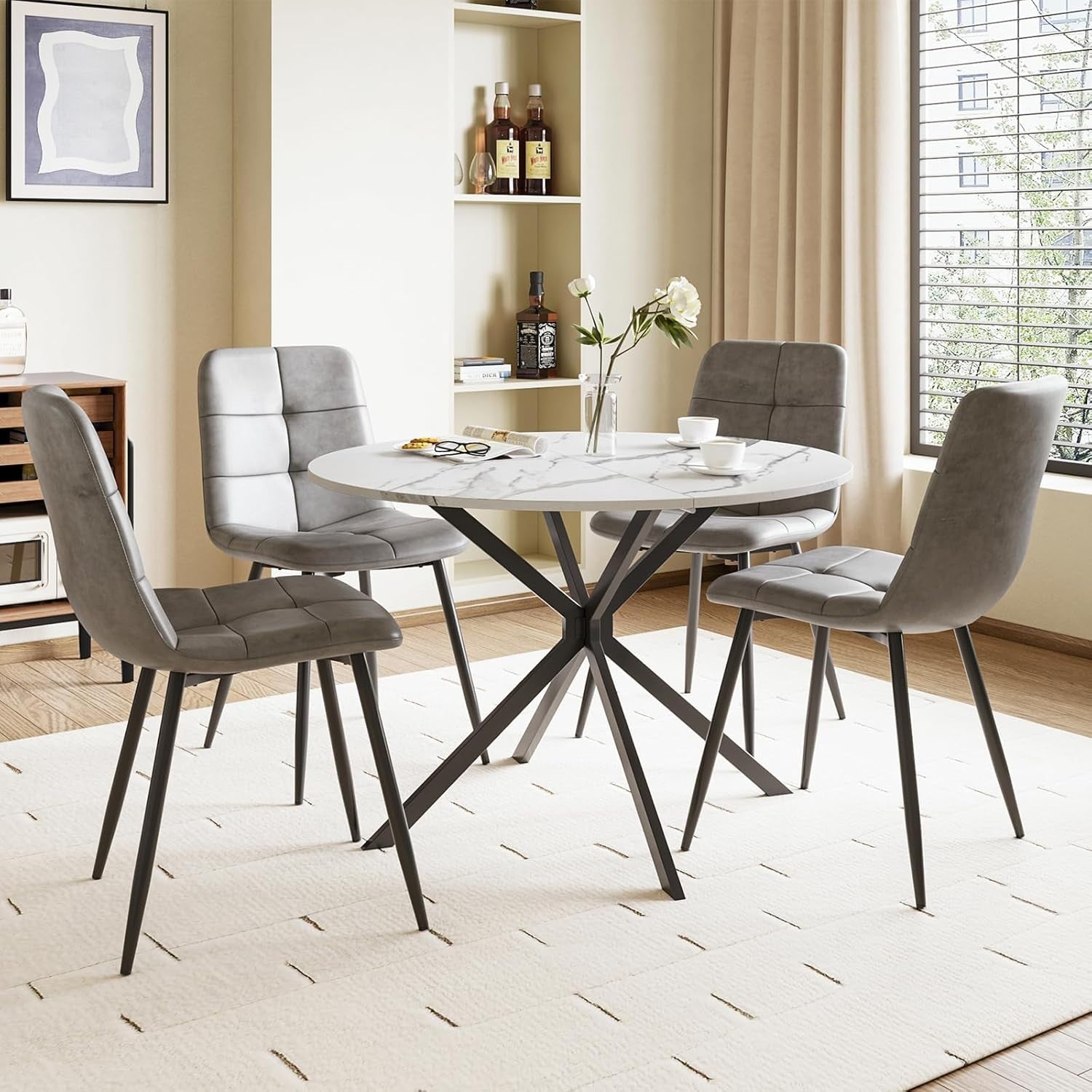 Folding Round Drop Leaf Dining Table Marble Effect Small Space Kitchen