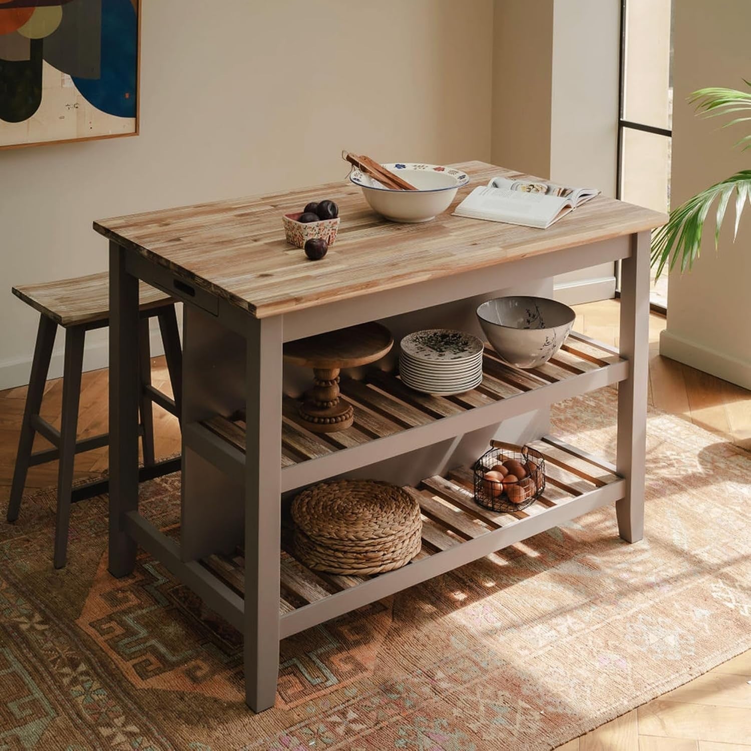Breakfast Bar with Acacia Wood Top Storage Shelves Kitchen Island Truffle Home