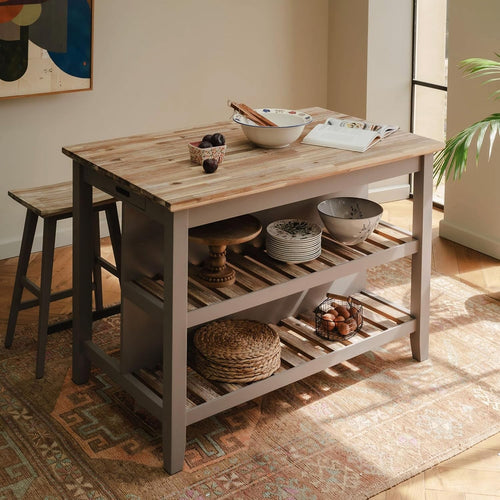 Breakfast Bar with Acacia Wood Top Storage Shelves Kitchen Island Truffle Home