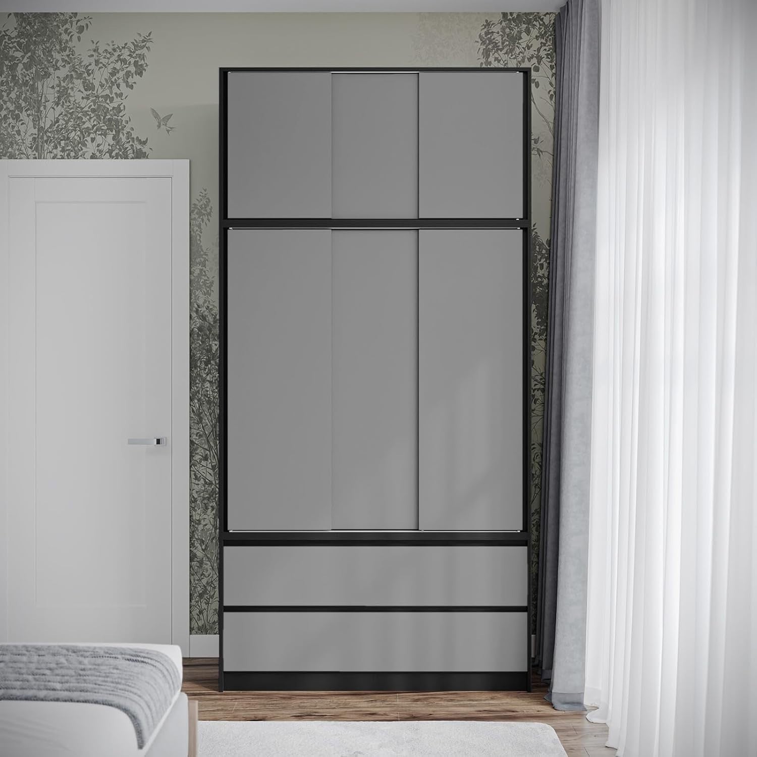 Grey Sliding Door Wardrobe 6 Doors 4 Drawers 240cm Modern Closet Storage