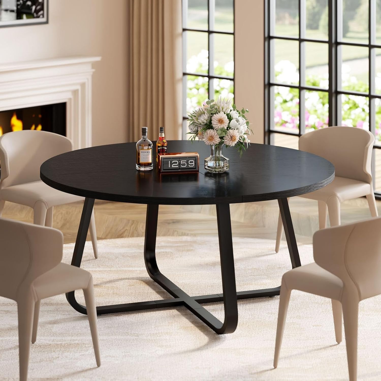Round Black Dining Table 4-6 Seater Wood Metal Kitchen Home 130cm