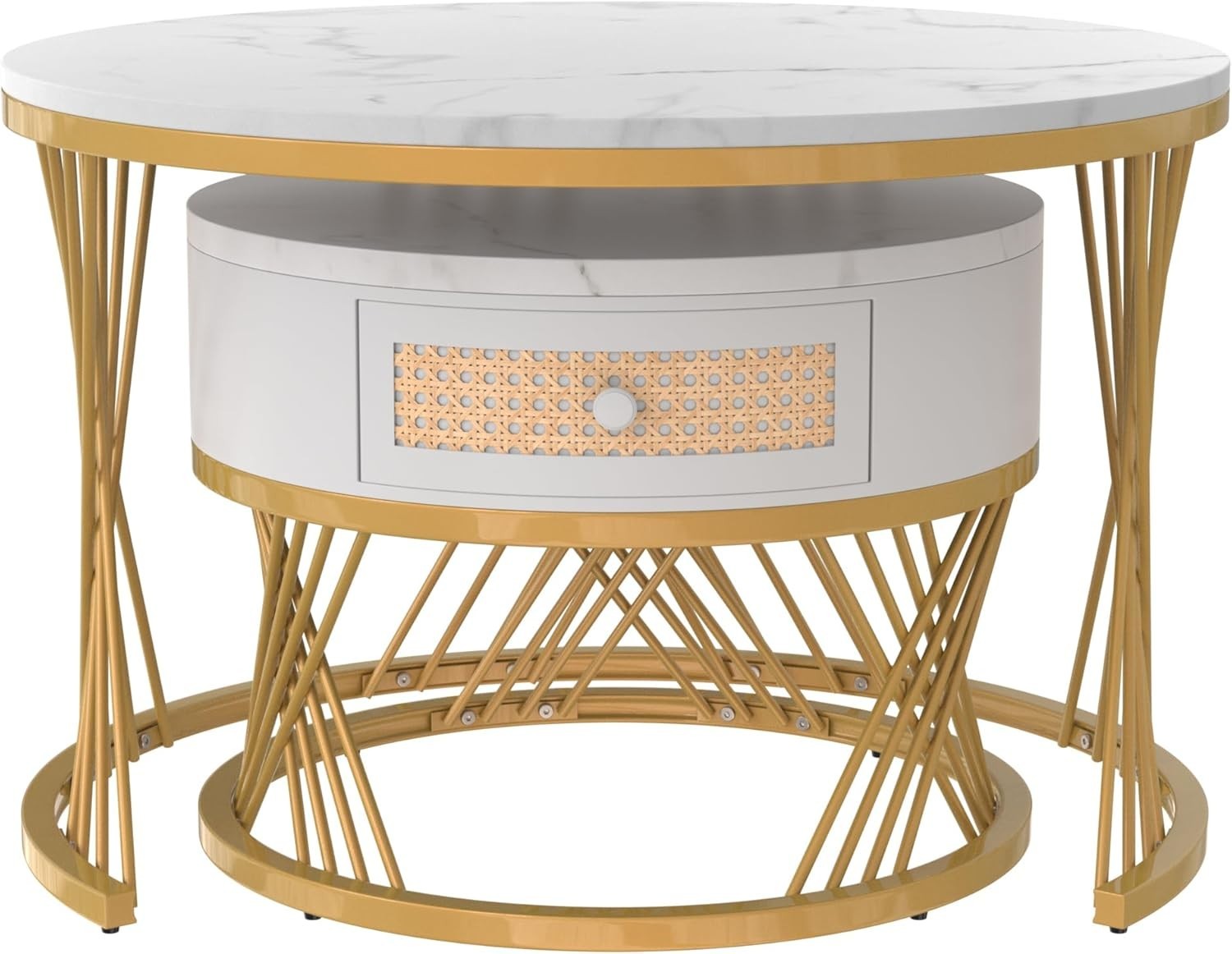Round Nested Coffee Table Set Marble Look Top & Storage for Small Spaces Gold/Wh