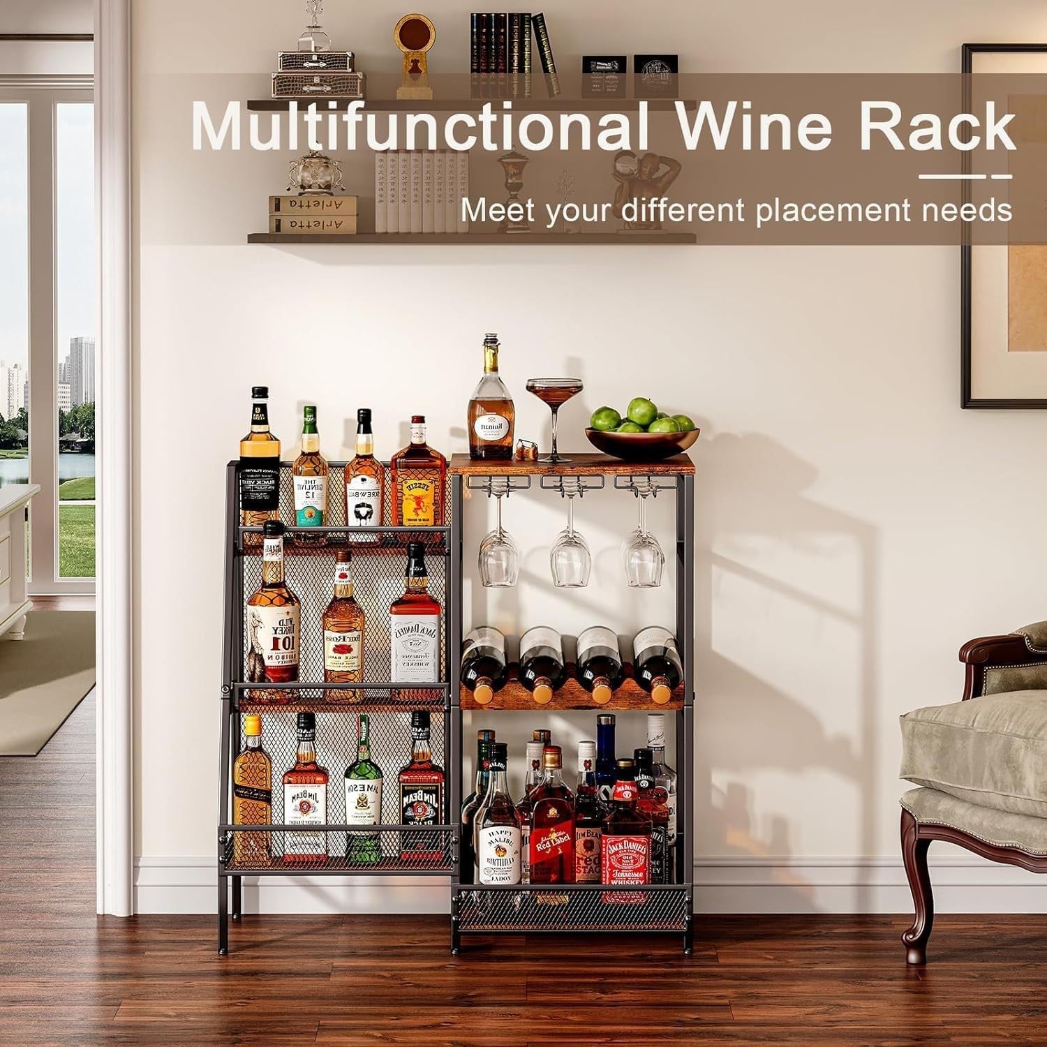 Free Standing Mini Bar Drinks Cabinet Wine Rack, 3-Tier Liquor Display