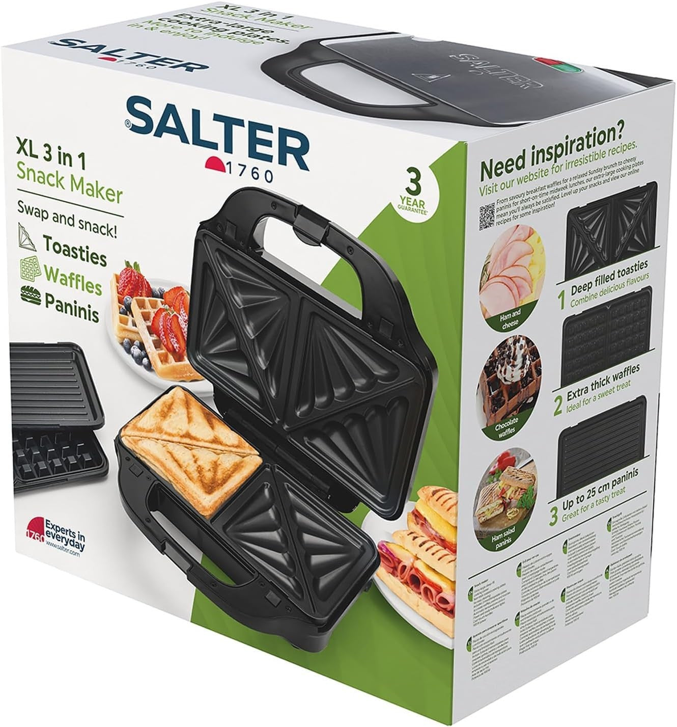 3 in 1 Snack Maker 900W Deep Fill Waffle Panini 26.4cm