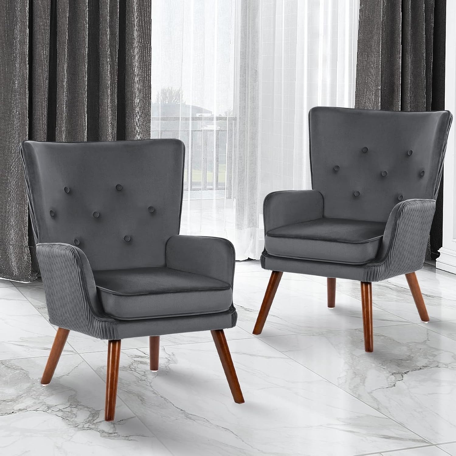 Velvet Wingback Armchair Grey Tufted Accent Chair High Back Reading