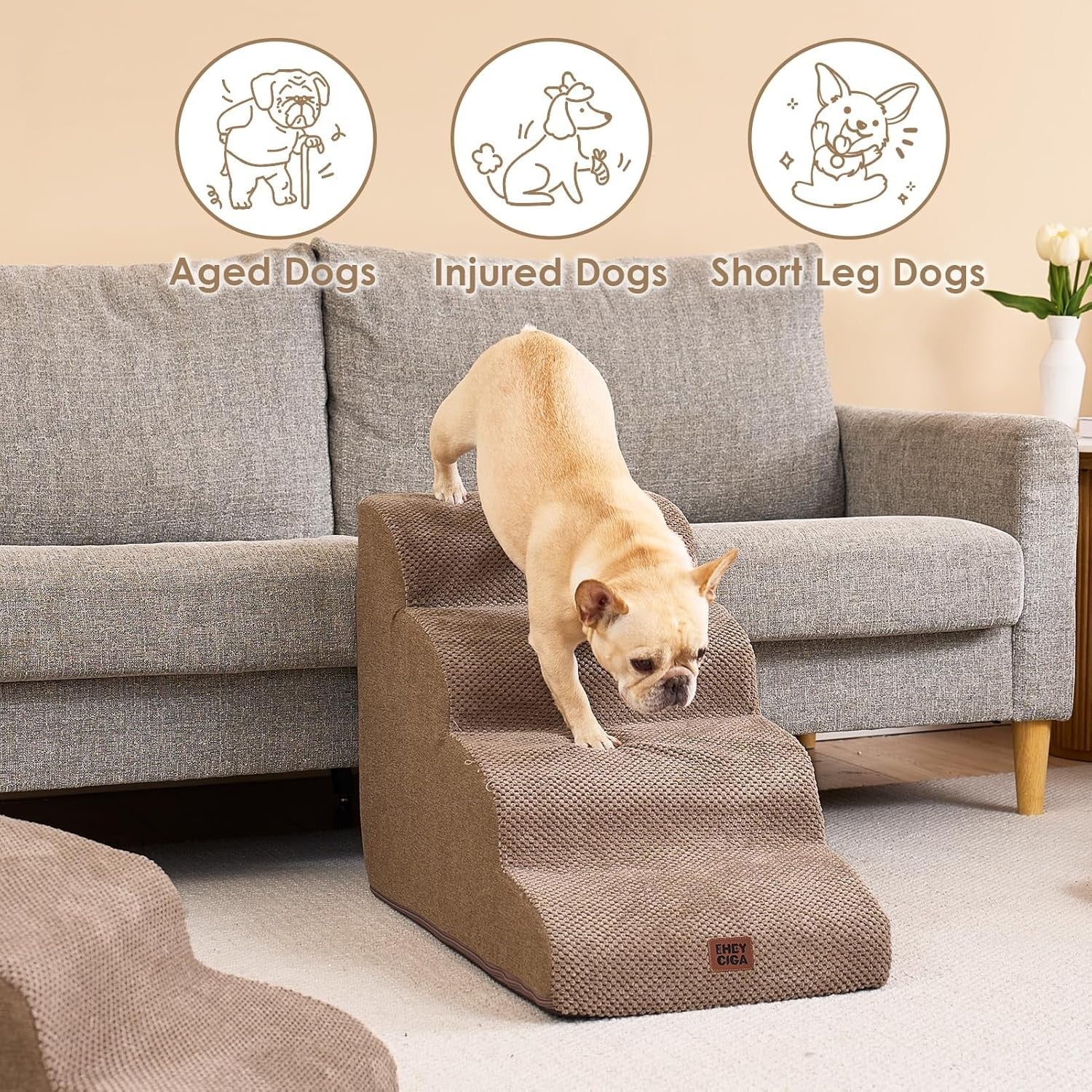 4 Step Dog Stairs for High Bed Non Slip Foam Pet Steps Washable Camel