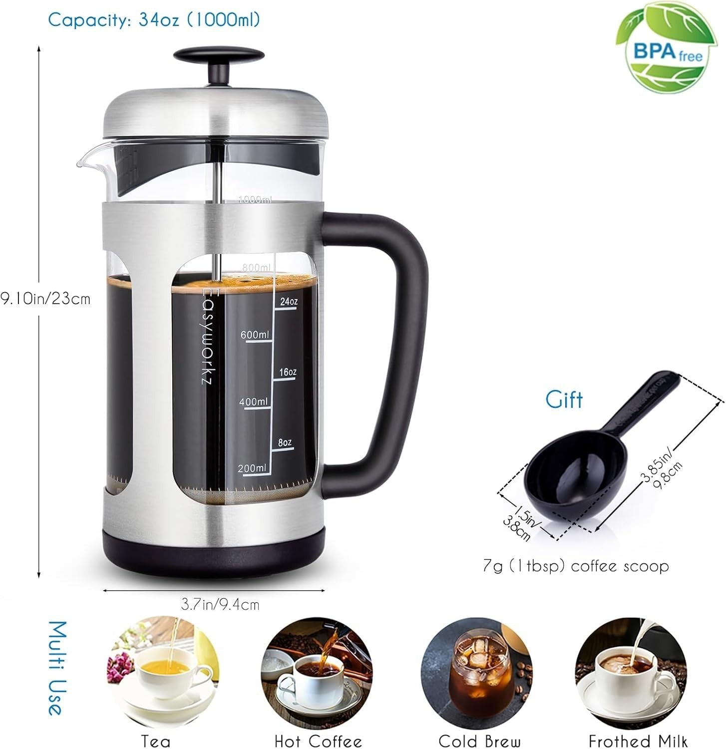 Stainless Steel French Press 1000ml Coffee & Tea Maker Borosilicate Glass Jug